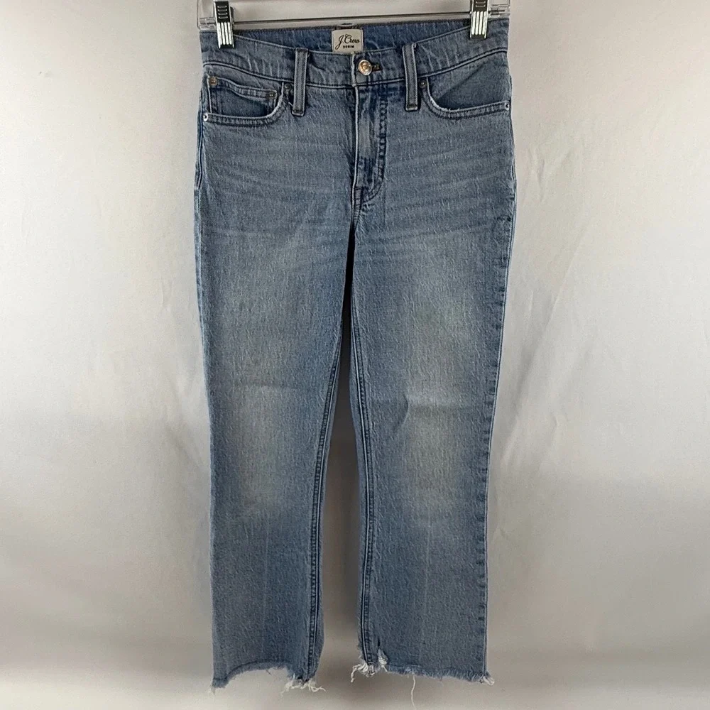 J.Crew Billie Demi-Boot Crop Jeans Light Wash Raw Hem Size 24 Mid Rise 9 Inch